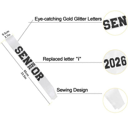 6Pcs White Senior 2027 Satin Sashes with Black Glitter Letters Senior 2027 Decorations - 2027 Graduation Celebrations Sashes - Senior Cheer Sash - Cheerleader Sash - Class Competition Sashes