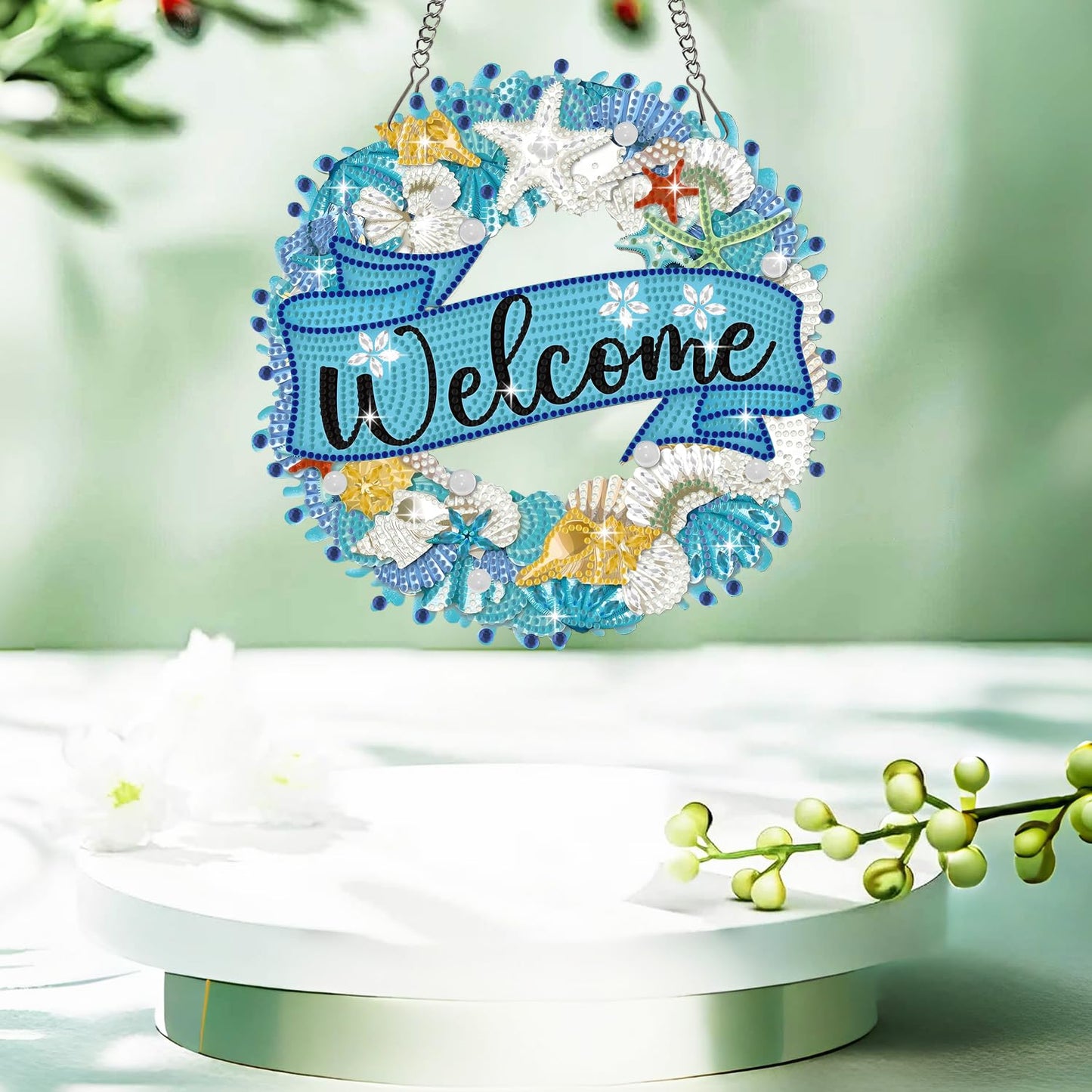 Muzagroo Art Welcome Sign Diamond Art Kits for Adults, 5D Diamond Hanging Ornament Kits for Front Door, DIY Special Shaped Diamond Dot Kits, Home Porch Crystal Hanging Pendant Ornament (Welcome)