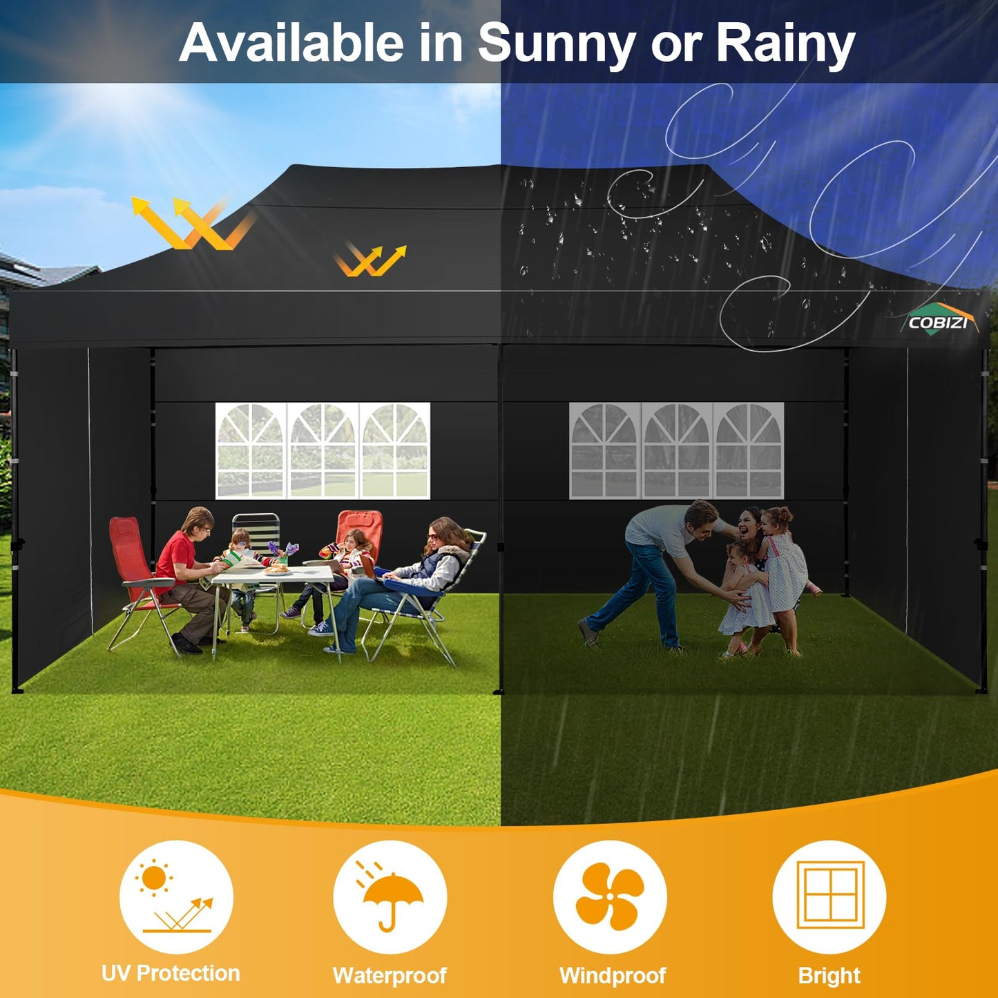 COBIZI 10x20 Pop up Canopy Tent 10x20 Canopy with 6 Sidewalls Waterproof Heavy Duty Commercial Canopy Tent for Parties Outdoor Garden Gazebo, Carry Bag with Wheel(10x20ft,Space Black)