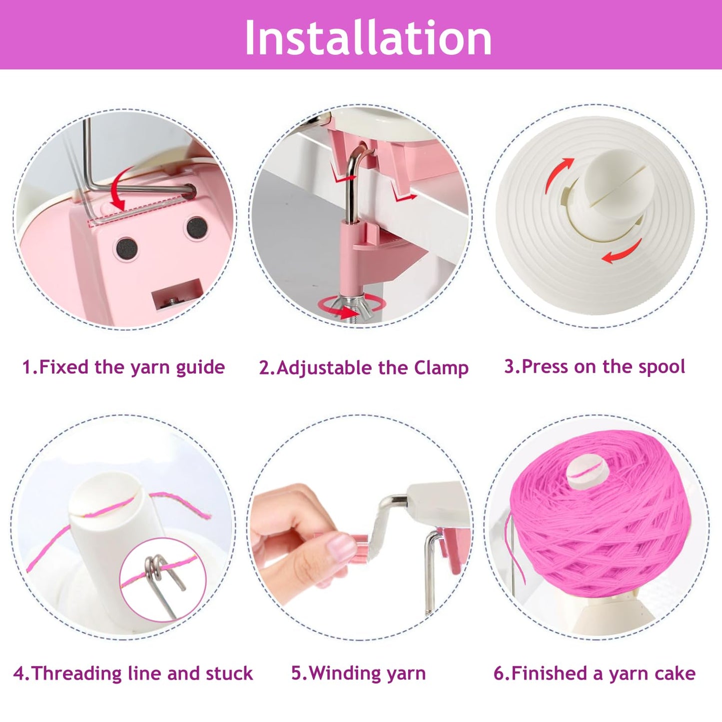 Ayasee Yarn Ball Winder, Yarn Winder for Crocheting Spinner Knitting Hand Operated Storage + 53 Pieces Stitch Knitting Needles + 1 Pieces Scissors (Pink)