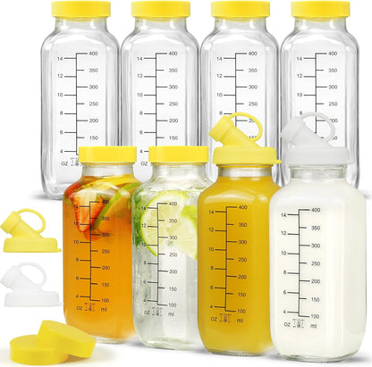 Essmilkee 16 oz [8 Pack] Reusable Glass Juice Bottles with Airtight Lid, Glass Pitchers with Pour Dispenser, Milk