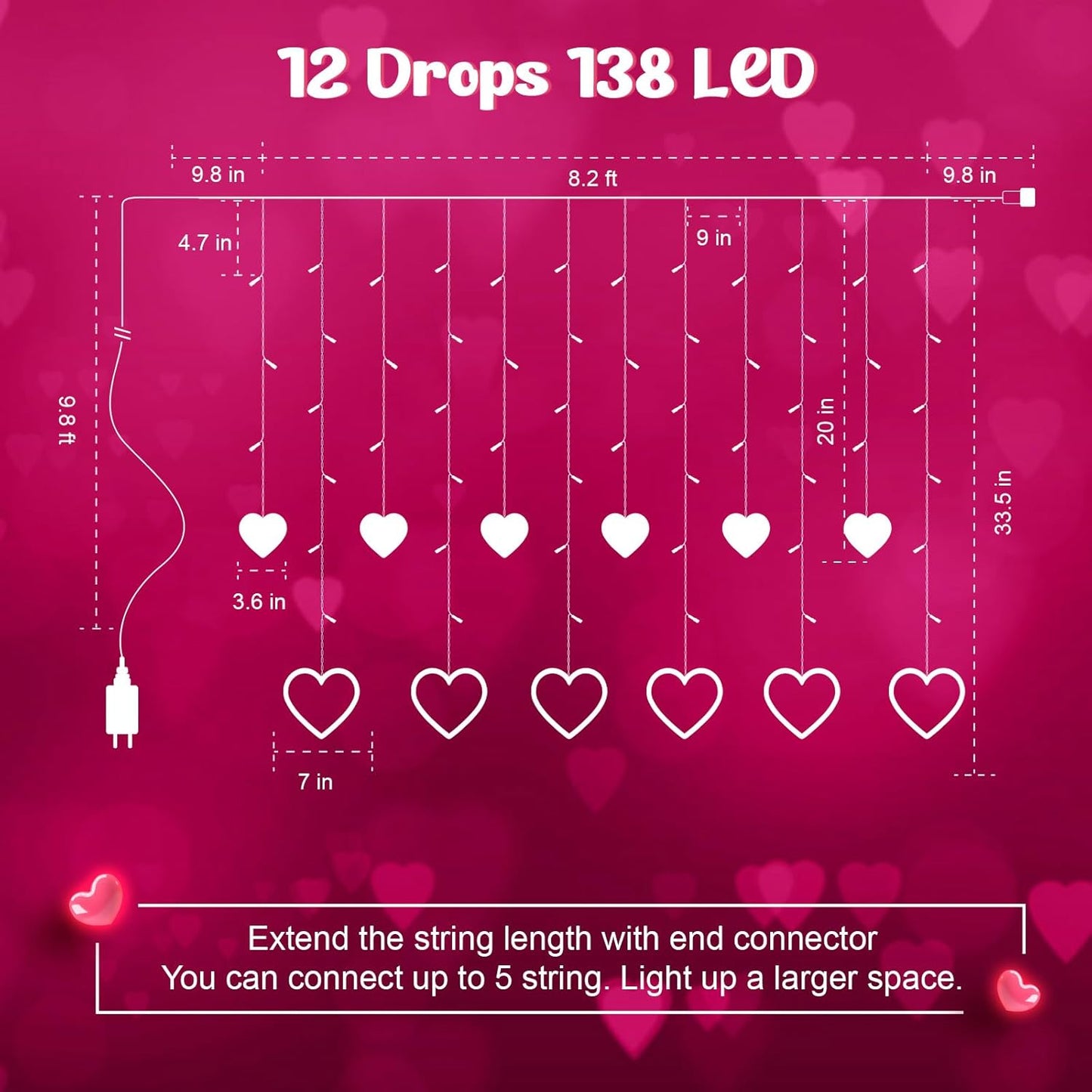 12 138 8 Valentines Day Decor, Pink Love Heart String Lights for Bedroom, Hearts LED Fairy Twinkle Lights with Remote