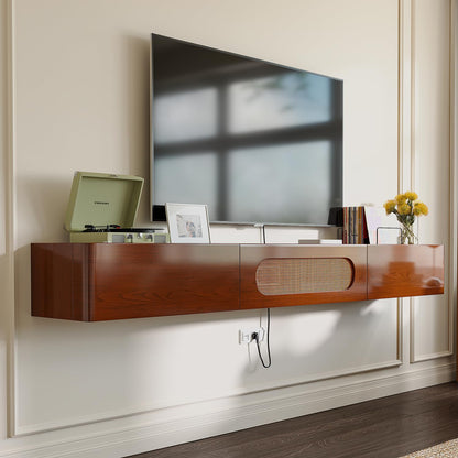 FurniNova Fully Assembled Floating TV Stand Wall Mounted 47'',High Gloss Floating Media Console with 2 Drawers & Rattan Door, Under TV Shelf for Living Room Bedroom Entertainment Center,Walnut