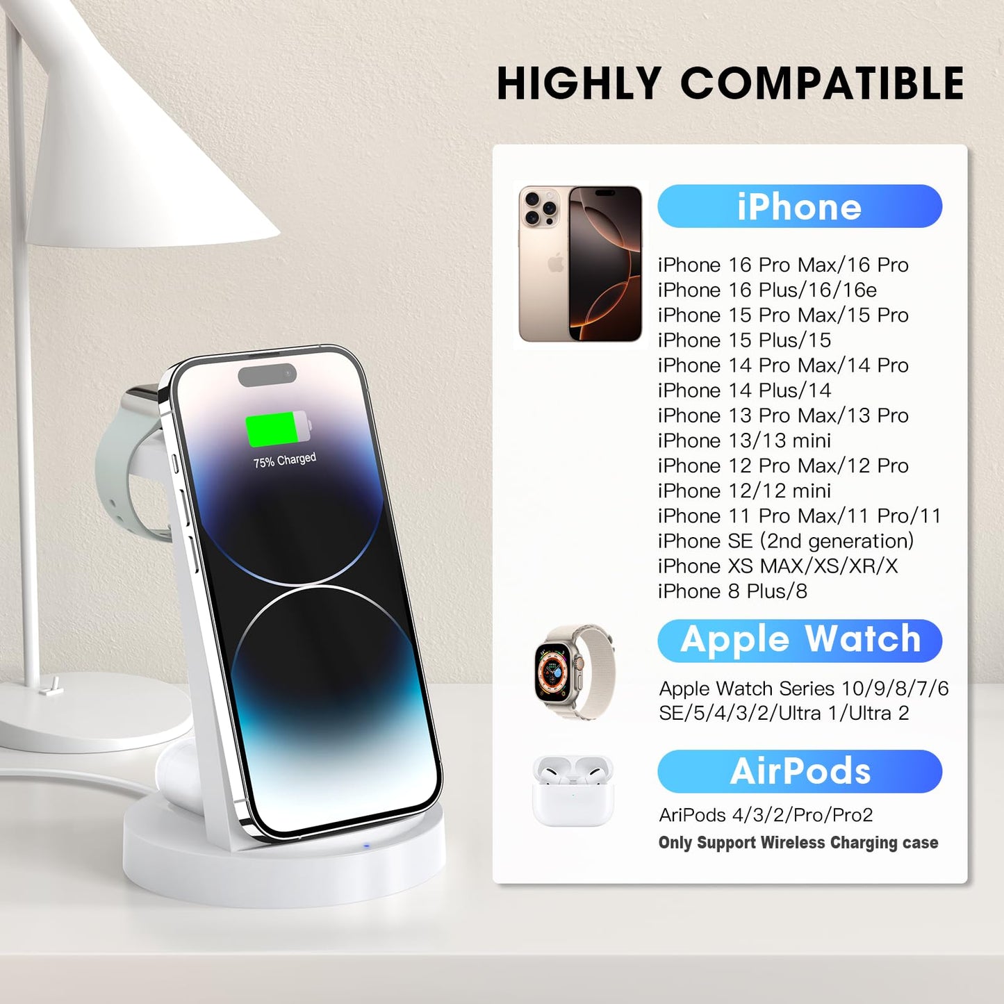 3 in 1 Charging Station for iPhone, Wireless Charger for iPhone 17 16e 16 15 14 13 12 11 X Pro Max & Apple Watch - Wireless Charging Station for AirPods 4 3 Pro