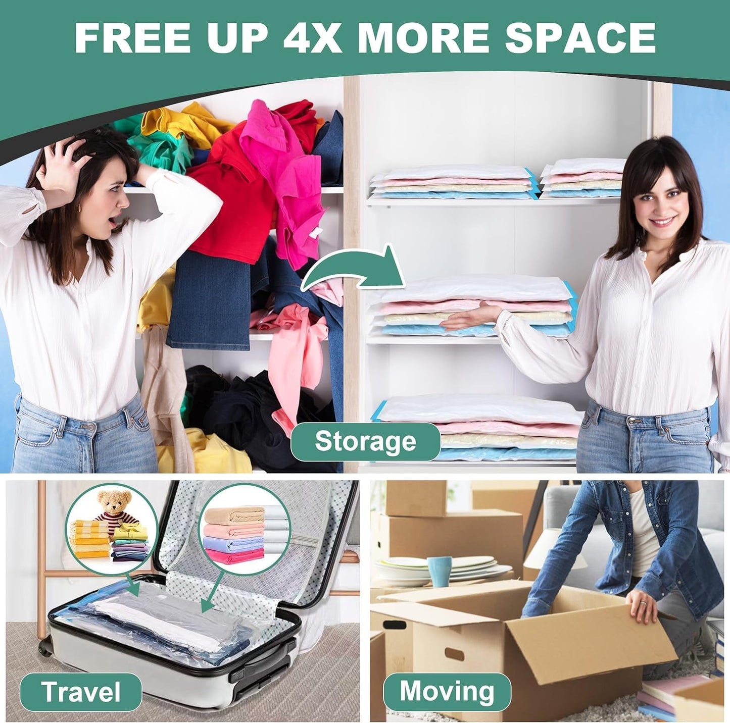 Vacuum Storage Bags - Space Saver Bags for Comforters, Blankets, Clothes Storage, 10 Jumbo Bags with Hand Pump Included