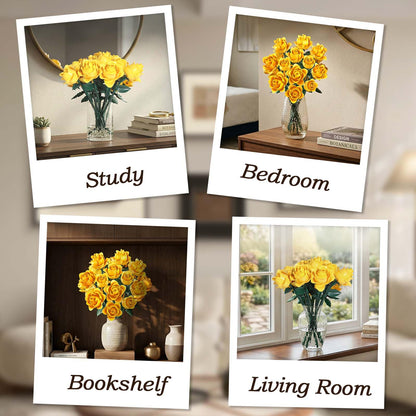HAYXUN 12 Yellow Roses Building Block Bouquet Set, 585 Pieces Artificial Botanical Kit, Unique for Mom & Grandma, Everlasting Floral Home Decor