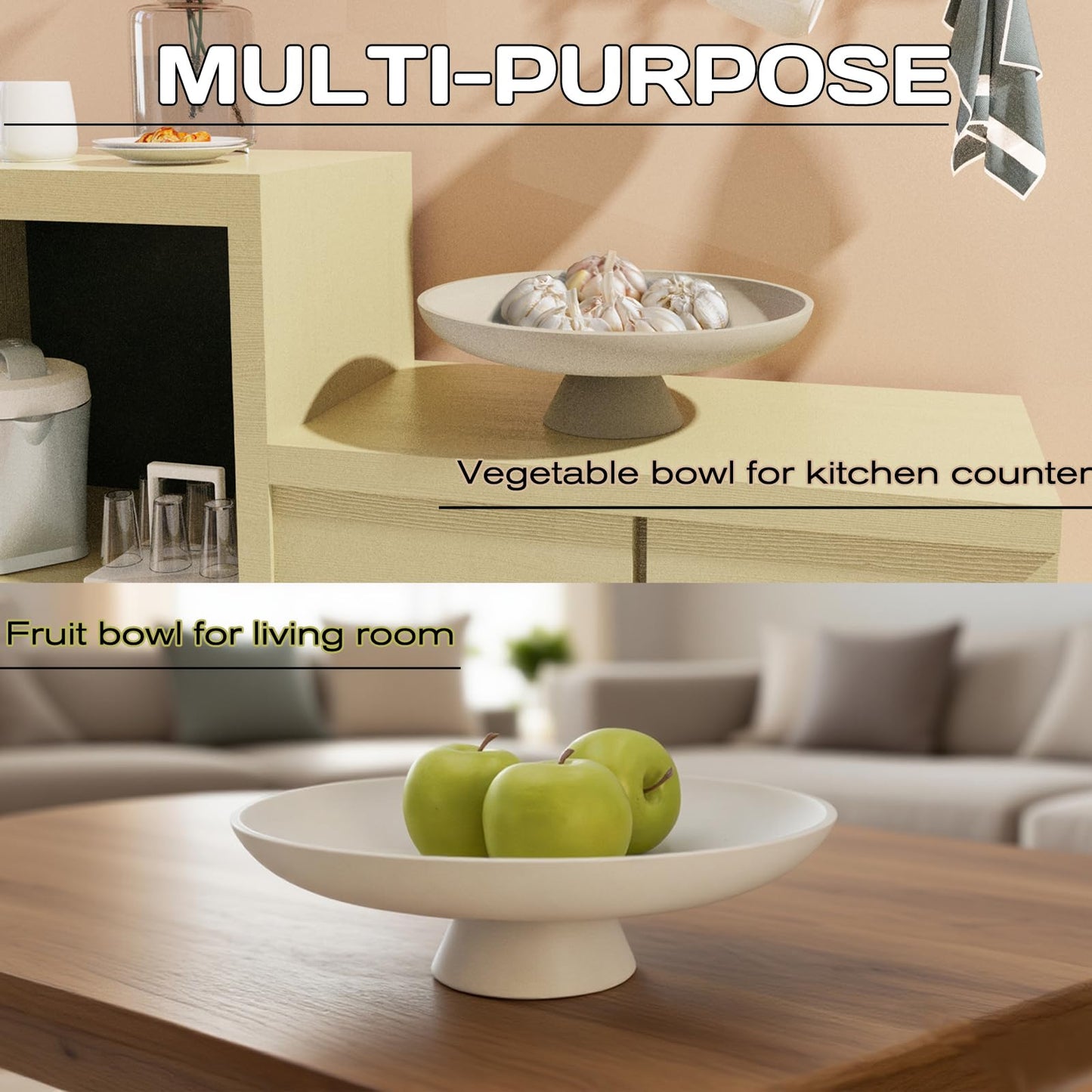 Wageso Modern Concrete Pedestal Fruit Bowl – Handmade 12" Centerpiece for Kitchen Counter, Coffee Table & Entryway – Non-Slip Cork Base, Heavy Duty Home Decor Tray for Keys, Storage – Beige
