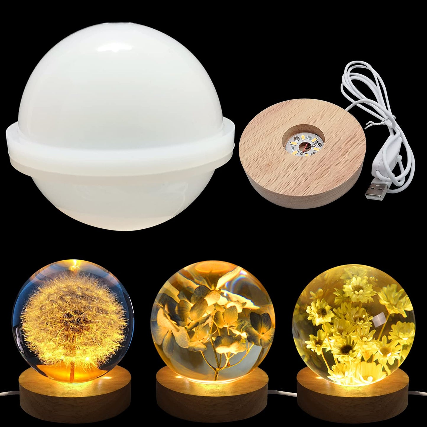 Voaesdk 4 inch Large Sphere Round Light Resin Mold,LED Silicone Resina Mould with 1Pcs USB Powered Wooden Lighted Base Stand for DIY Table Crafts Party Wedding Desktop Lamp Home Decor