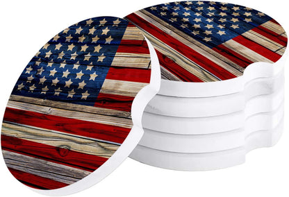 Independence Day 4th of July Car Coasters, 2 Pack Absorbent Ceramic Stone Cup Holders Set, Rustic American Flag