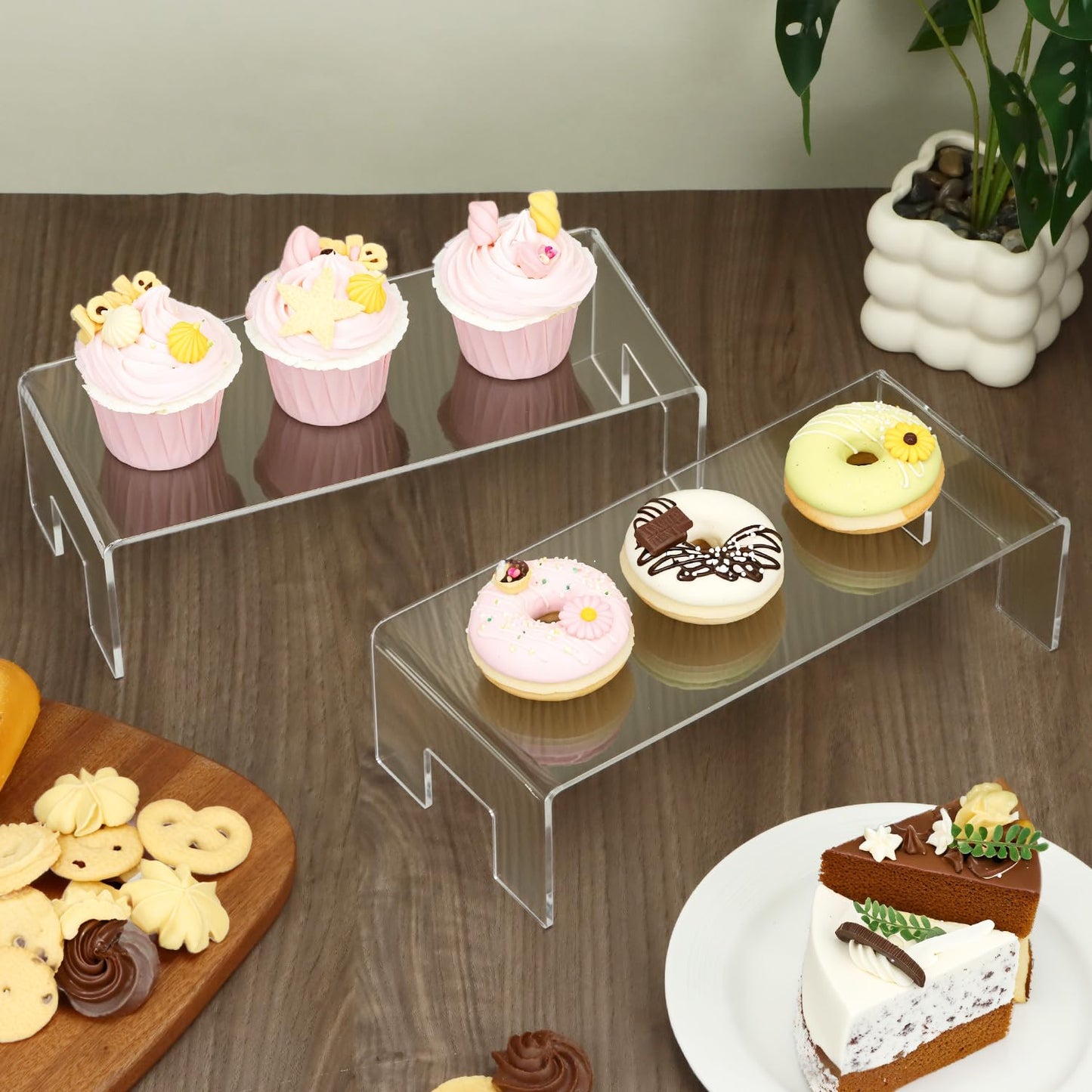QWORK Clear Acrylic Display Risers Stand, 2 Pack 5mm Thick Transparent Showcase Shelves for Dessert Cupcakes Perfume Toys Cosmetics Jewelry Collectibles, 12x5x3.3 Inch Display Shelf