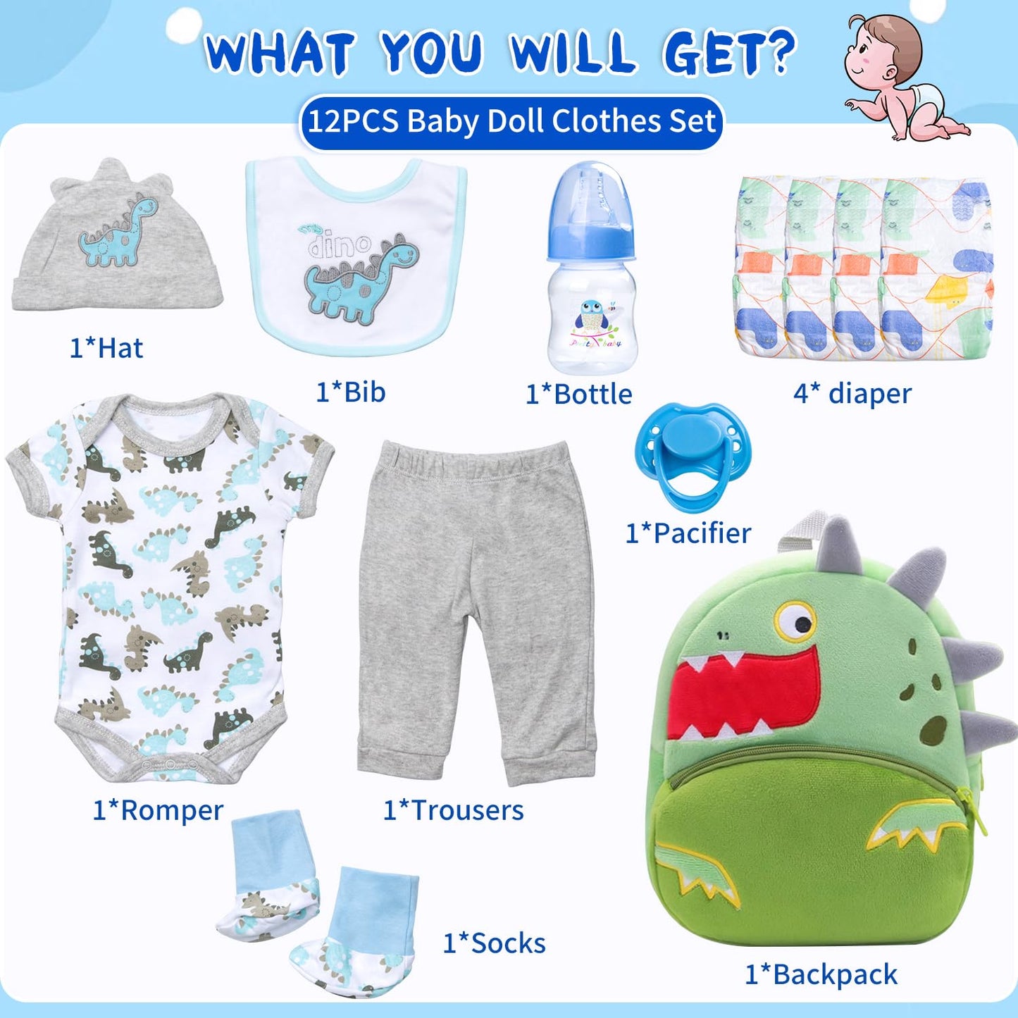 PEDOLLTREE Reborn Baby Dolls Clothes Accessories Dinosaur Outfit Set 12 Pcs Set for 17-22 Inch Reborn Doll Newborn Baby Boy with Green Dinosaur Backpack