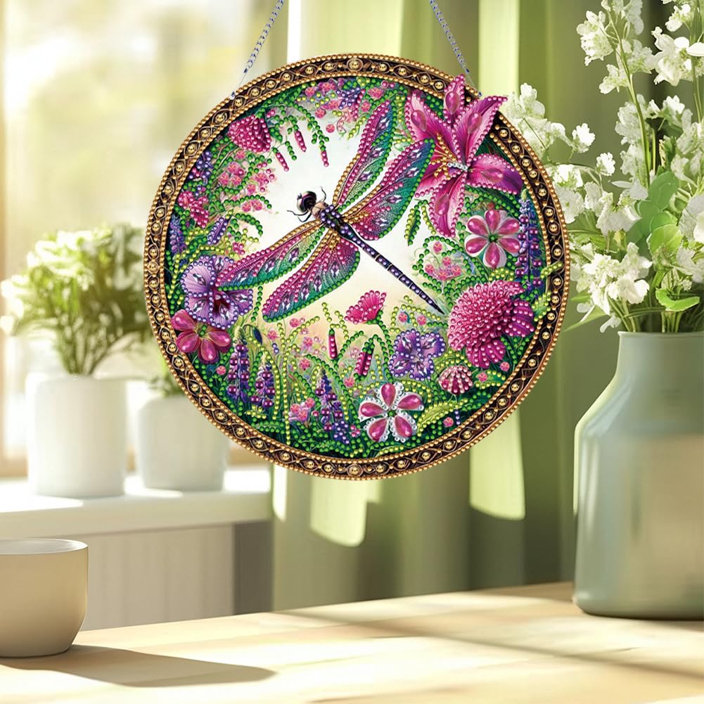 C'eitura DIY Flower Dragonfly Diamond Art Round Shape Hanging Pendant Kits for Home Decor, Unique Gift for Women & Teens