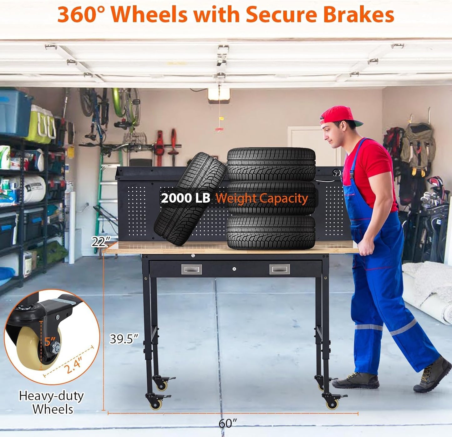 Workbench Adjustable Heavy-Duty 60" L X 22" W Workbench with Power Outlet, Drawers, Pegboard, and Wheels – 2200 Lbs Capacity Rubber Wood Top, Rolling Work Benchesfor Garage, Workshop, Home, Office
