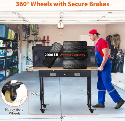 Workbench Adjustable Heavy-Duty 60" L X 22" W Workbench with Power Outlet, Drawers, Pegboard, and Wheels – 2200 Lbs Capacity Rubber Wood Top, Rolling Work Benchesfor Garage, Workshop, Home, Office