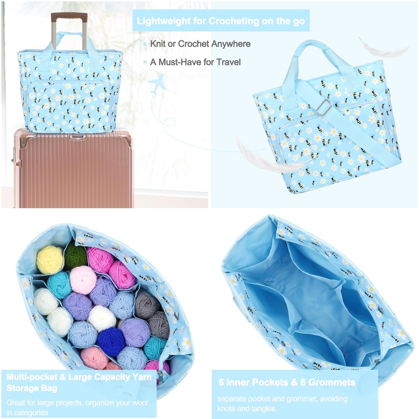 Katech Large Crochet Bag with Beginner Crochet Books, Yarn Storage Organizer Crochet Travel Bag for Crochet Hook, Knitting Accessories, Knitting Bag Crochet Tote Bag for Crochet Lover Gift