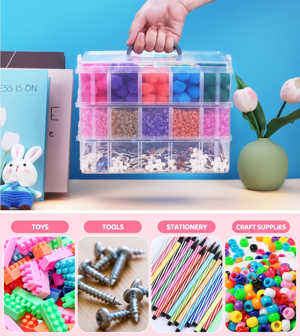 Praisebank 3-Layer Stackable Storage Container Box, 30 Dividers Compartments, Perfect for Storage Jewelry & Arts & Crafts & Sewing. (Pink)
