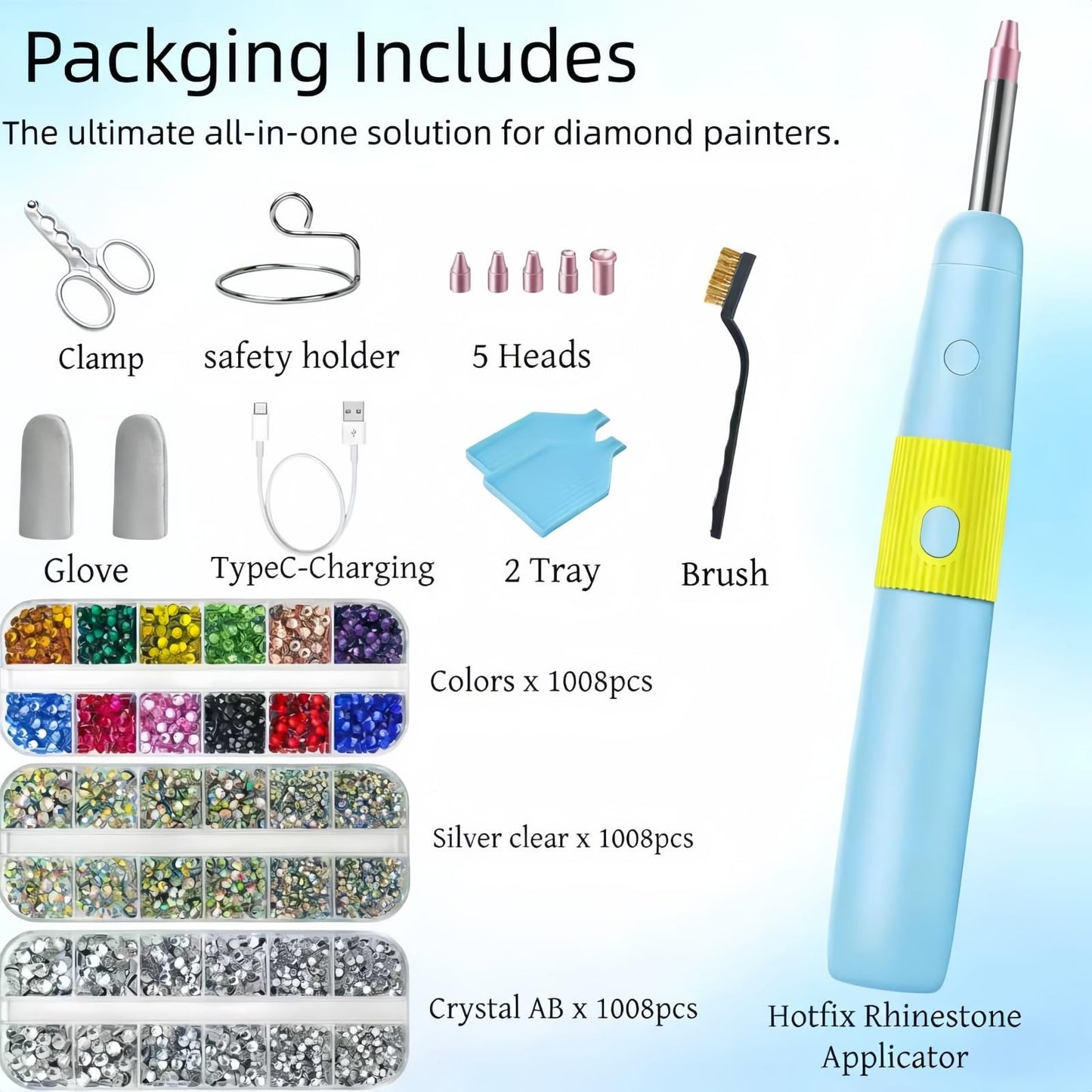 5 in 1 Cordless Hotfix Applicator Tool, 4000mAh Rhinestone Bedazzler Kit with Self-Suction, 3 Temp Settings, 5 Tips, Hot Fix Rhinestone Kit for Clothing Fabric DIY Crafts (Blue)