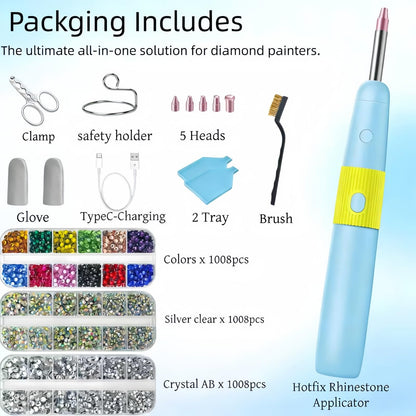 5 in 1 Cordless Hotfix Applicator Tool, 4000mAh Rhinestone Bedazzler Kit with Self-Suction, 3 Temp Settings, 5 Tips, Hot Fix Rhinestone Kit for Clothing Fabric DIY Crafts (Blue)