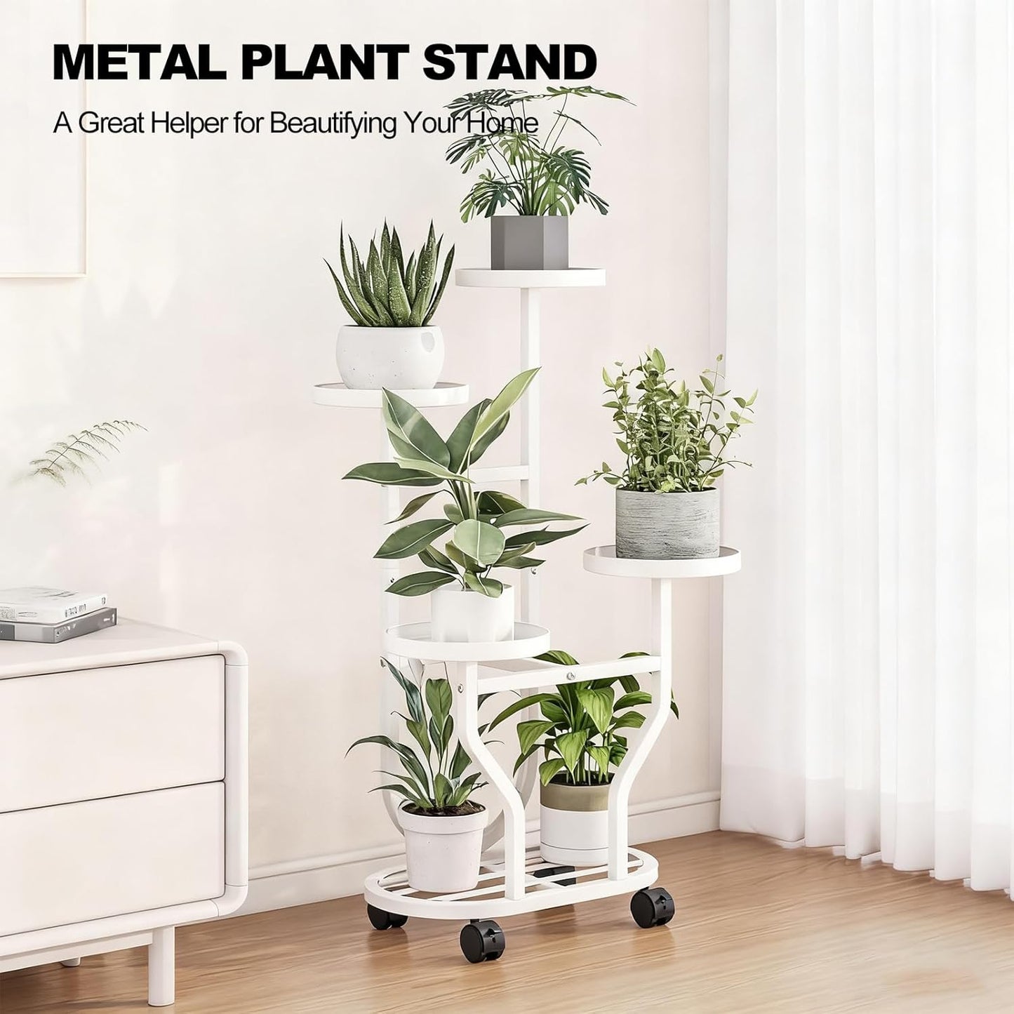 4 Plant Stand Indoor Outdoor Tier Flower Holder with Wheels Metal Plant Shelf Corner Display Rack Multi Plants Sheleves