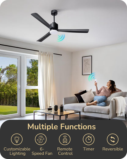 EDISHINE 52" Modern Matte Black Ceiling Fans with Lights, Noiseless, Remote Control, 3CCT Dimmable, Reversible DC Motor, 6 Speeds, Indoor Ceiling Fan for Bedroom, Living Room, Home Office