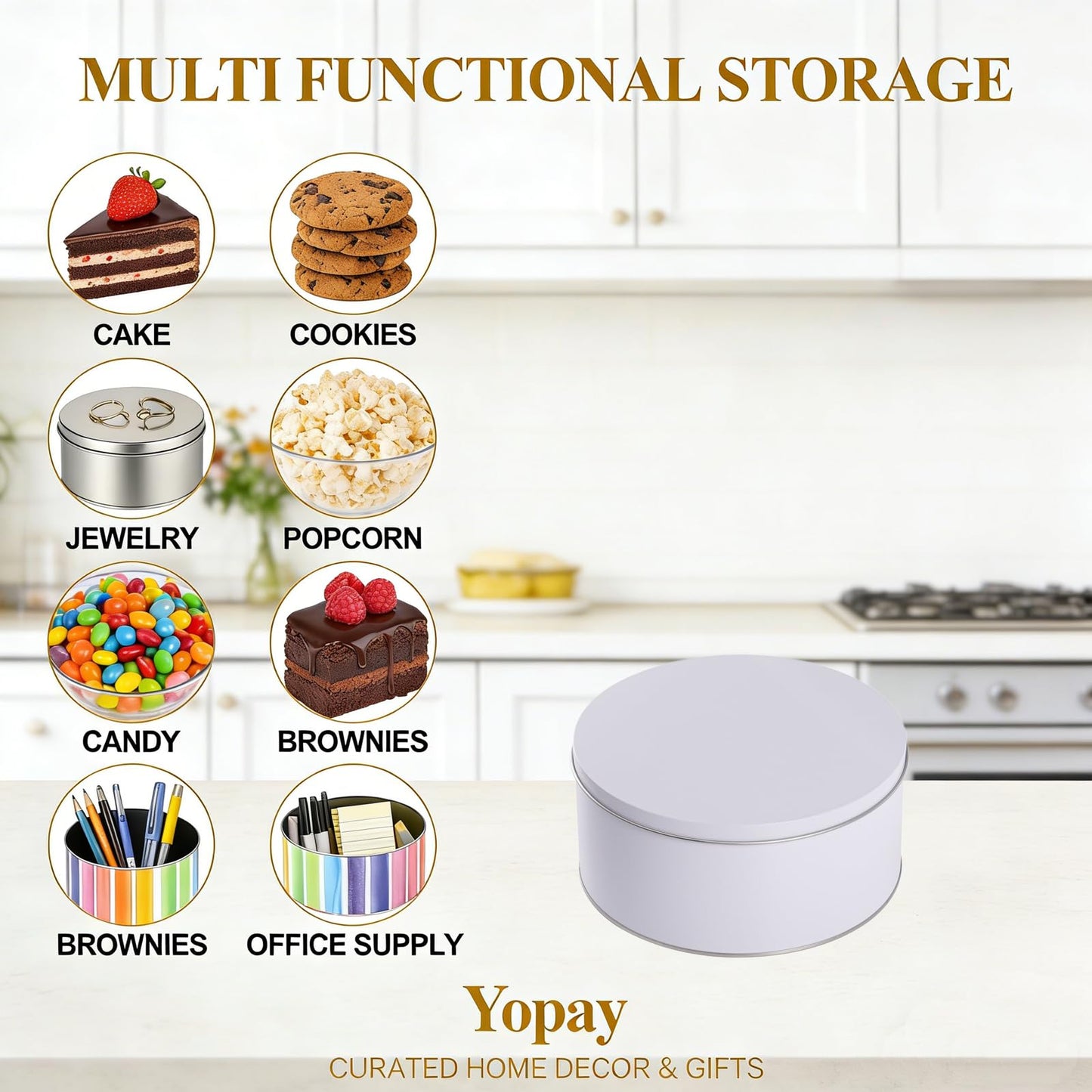 Yopay 3 Pack Cookie Tin with Lid, Round Sturdy Gift Tin, White Baking Cake Container for Storing Patisseries, Snack, Chocolate, Easter, Special Occasion, Holidays, 7" Wide by 3.2" Tall