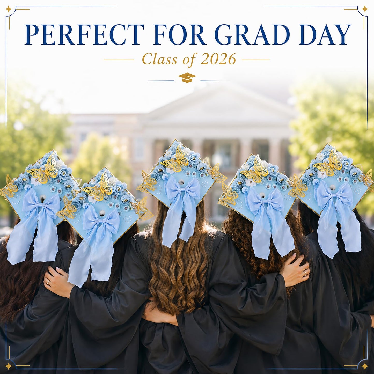 45 PCS DIY Graduation Cap Decoration Kit - 8 Cream Construction Paper with Artificial Flower Heads Bow 3D Butterfly Pearl Adhesive Dots Rhinestone Stickers for Grad Hat Topper DIY (Light Blue)
