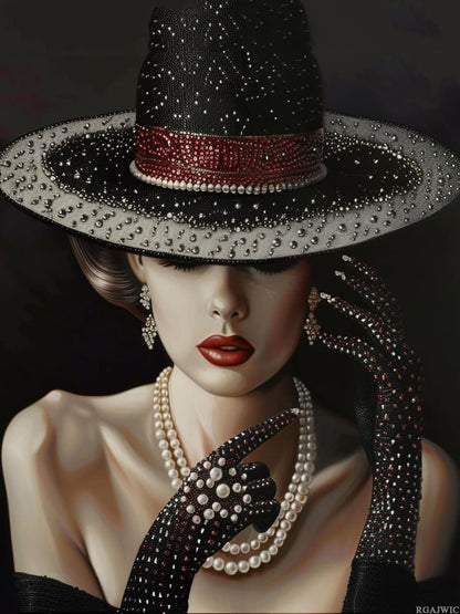 RGAJWIC Elegant Woman Wear Hat DIY 5D Diamond Paint Kits for Adults Easy for Beginner Round Full Drill Diamond Art Painting Gems Cross Stitch Mosaic Craft for Home Decor 12x16 inch