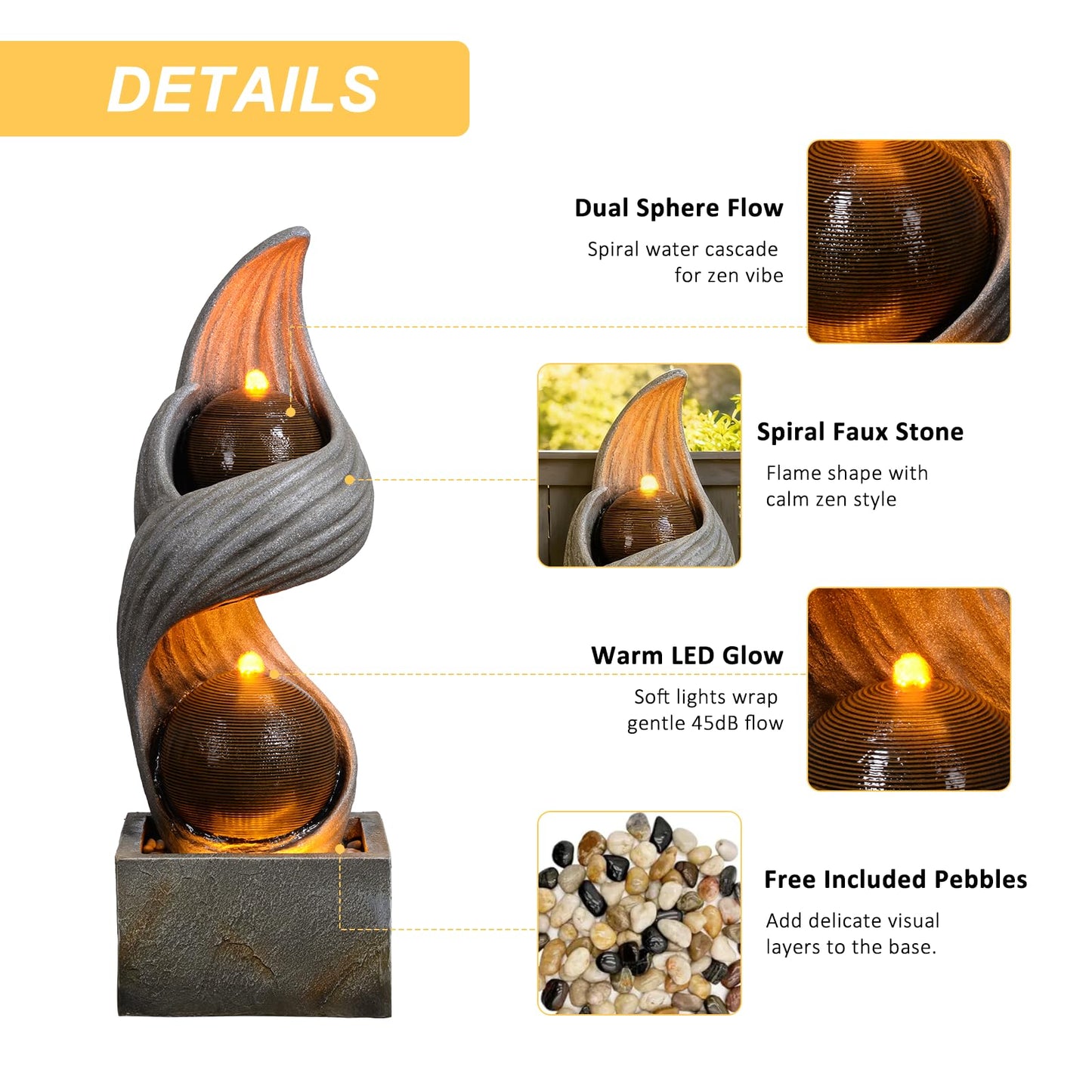 42.9"H Large Indoor Water Fountains,Modern Spiral Water Fountain Outdoor with Dual Spheres Zen Water Feature Floor Fountain with Light LED Waterfall for Outside Deck, Patio, Porch, Garden, Yard Decor