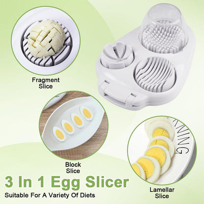 3 in 1 Egg Slicer for Hard Boiled Eggs with Cleaning Brush, Multipurpose 3-Way Cutter with 3 Slice Modes, Heavy Duty, Hard Boiled Egg Cutter & Fruit Slicer, Dishwasher Safe (White)