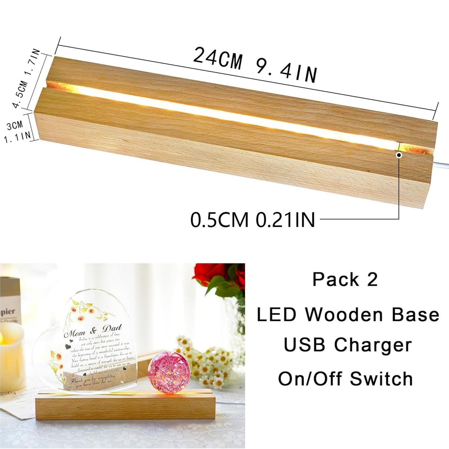 ZEERSHEE 2 Pcs 9.4 Inch Wooden Rectangle LED Light Display Pedestal for Acrylic and Plexiglass Crystal Glass Resin Night LED Light Lamp Base with USB Switch