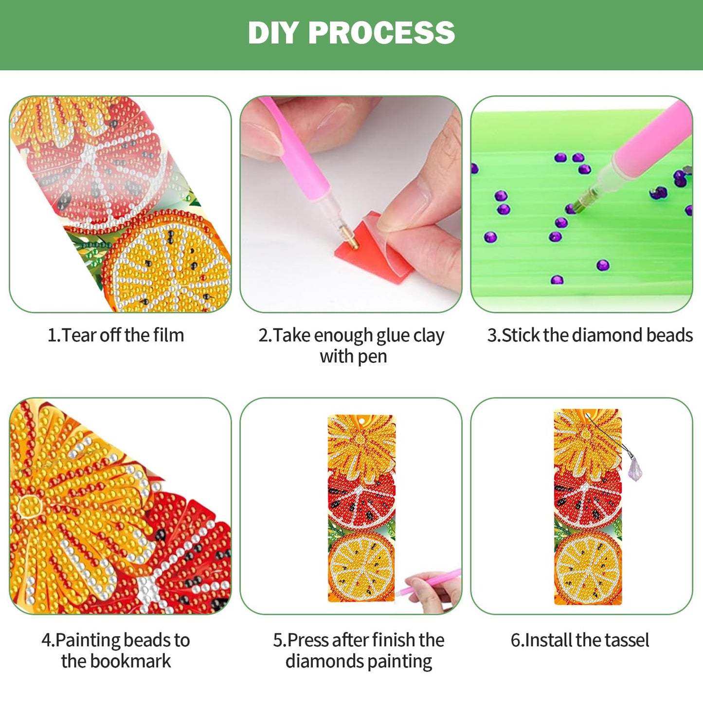 ACSAUMMY 4pcs Fruit Diamond Art Bookmarks, 5D DIY Diamond Painting Bookmark with Summer Oranges Grapefruit Design Beaded Rhinestone Diamond Art Kits for Adult Reading Women Beginner Birthday Gift