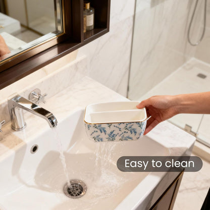 2 Countertop Compartments Ceramic Sponge Holder for Kitchen Sink, Cute Floral Dish Sponges Holder Soap Sink Organizer