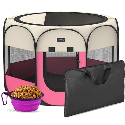 Portable Pet Playpen, 8-Panel Indoor/Outdoor Puppy Pen with Shade Cover & Travel Bag - Waterproof Dog Cat Tent Includes Collapsible Bowl