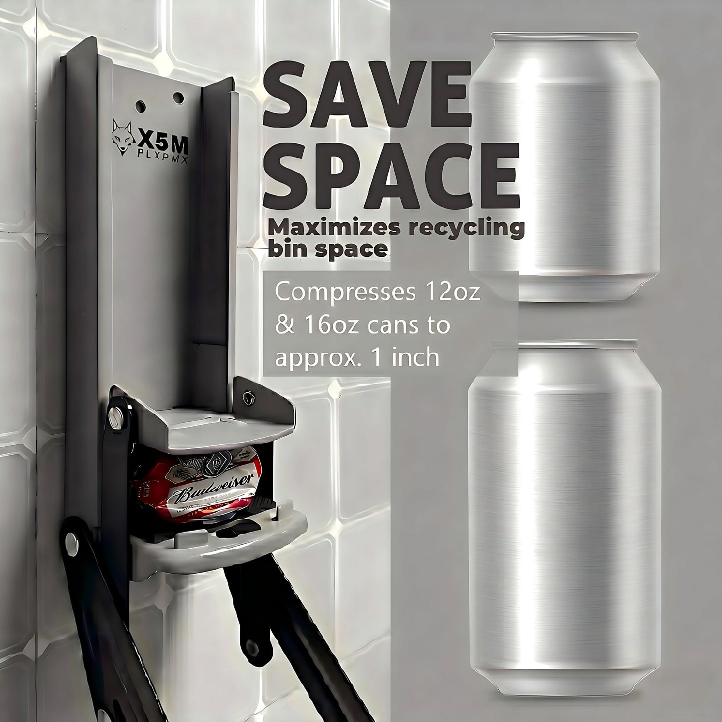 X5MPLXPMX Can Crusher Wall Mounted – Heavy Duty 16oz & 12oz Smasher with Anti-Pop Pillars and Thickened Base – Recycling Tool for Seltzer, Soda Cans, Garage & Man Cave, Includes Gloves (Grey)