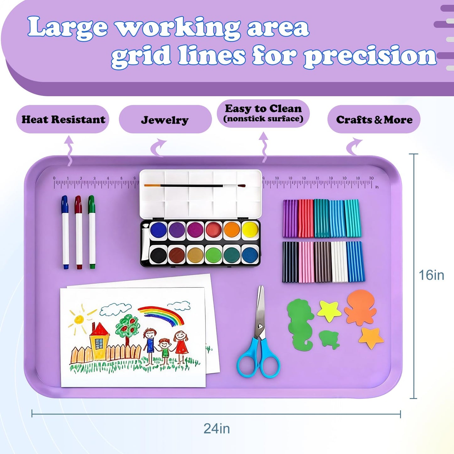 Silicone Art Mat for Crafts, 24" x 16" Silicone Painting Mat with Raised Sides to Stay Tidy, Play Sand, Legos, Slime, Resin & Jewelry-Making, DIY Crafts Mat (Purple)