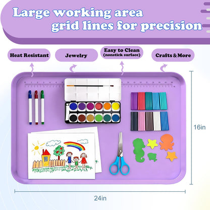 Silicone Art Mat for Crafts, 24" x 16" Silicone Painting Mat with Raised Sides to Stay Tidy, Play Sand, Legos, Slime, Resin & Jewelry-Making, DIY Crafts Mat (Purple)