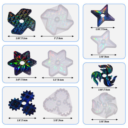 NiArt DIY Epoxy Resin Fidget Spinner Molds Set – 5 Holographic Silicone Casting Molds with Rainbow Texture, 15 Bearings, 15 Pairs Plastic Caps & Organizer Box for Handmade Finger Toys & Craft Projects