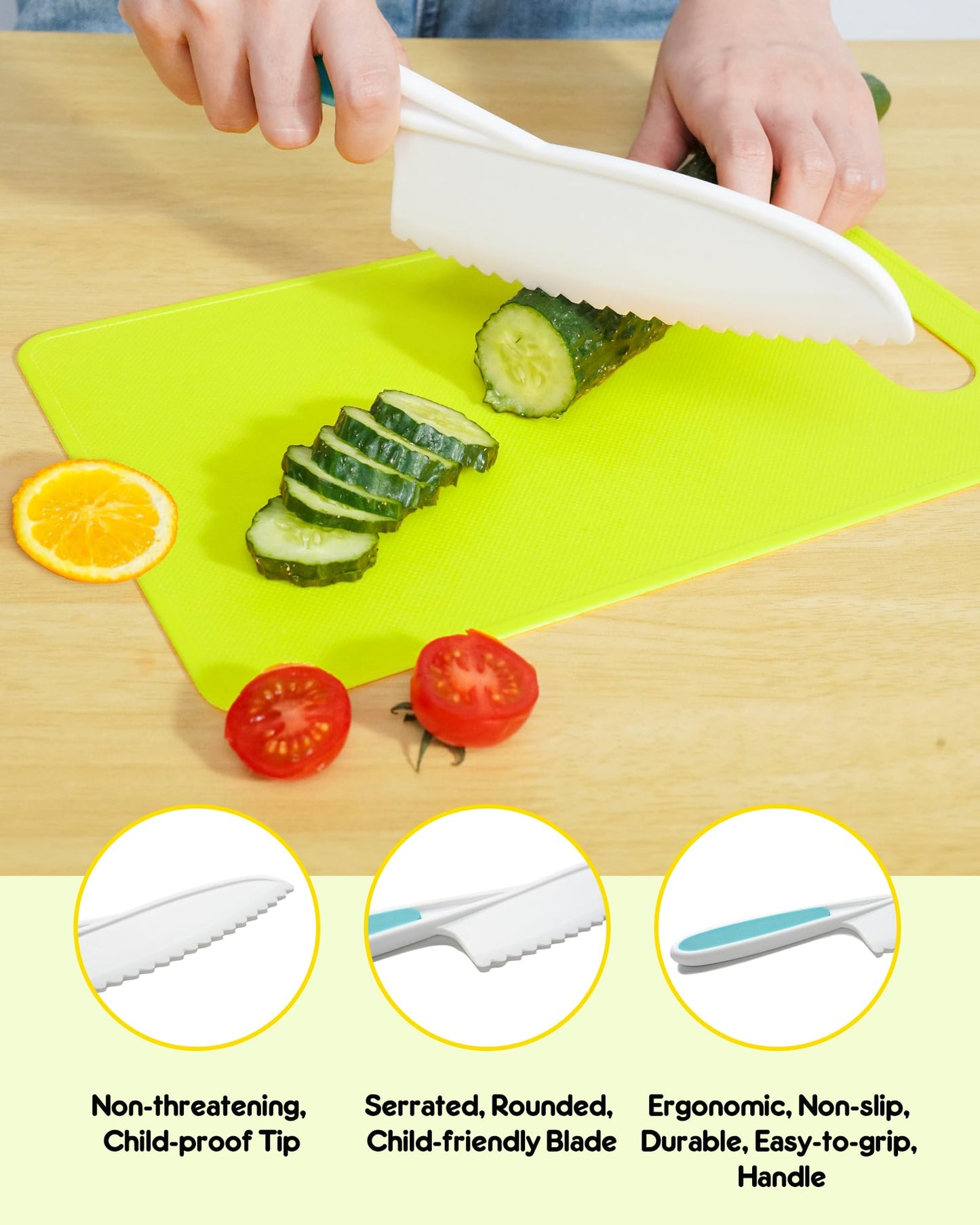 Kids Knife Set, 5 Pcs Montessori Kitchen Tools for Toddlers' Real Cooking, BPA Free Kids Safe Kitchen Cooking and Baking Set with Peeler, Cutting Board for Sandwich Bread Vegetable Fruit Present Gift