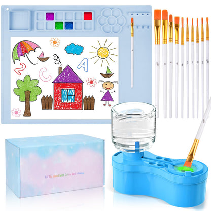 Painting Station, Silicone Painting Mat and Paint Brush Cleaner, 20"X16" Silicone Art Mat with 10 Paint Brushes, Paint Brush Rinser, Art Painting Supplies Set (Blue)
