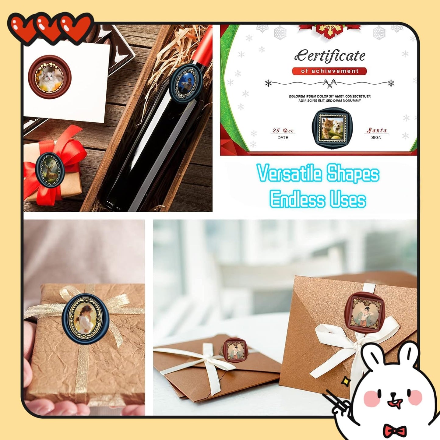 6-in-1 Vintage Embossed Frame Wax Seal Stamp Kit- Rectangle & Oval & Heart 3D Relief Photo Frame Seal Stamps with Wood Handle, Retro Sealing Wax Stamp for Wedding Invitations, Letters (6B)