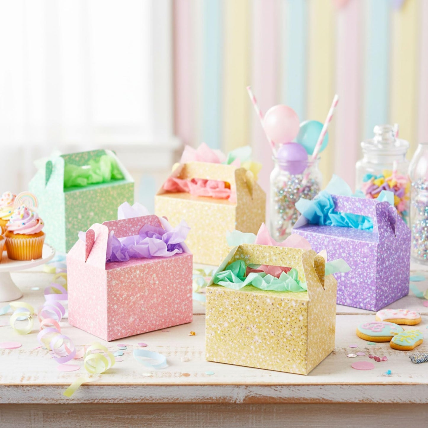 AmazingSpark 24 Pack Pastel Gable Treat Boxes Glitter Macaron Party Favor Gift Boxes for Candy Cookie Toy Party Supply for Birthday Weddings Baby Shower Holiday Christmas 5.9 x 3.5 x 3.5 Inches