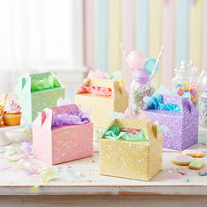 AmazingSpark 24 Pack Pastel Gable Treat Boxes Glitter Macaron Party Favor Gift Boxes for Candy Cookie Toy Party Supply for Birthday Weddings Baby Shower Holiday Christmas 5.9 x 3.5 x 3.5 Inches