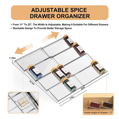 24 Spice Jars with Spice Drawer Organizer, 355 Spice Labels, 2 Pack Expandable From 11'' to 21'' Acrylic Spice Rack for Drawer, Seasoning Containers Storage Organization for Kitchen Cabinet Countertop