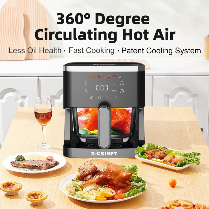 APSARAS USA Air Fryer Glass, 5.2QT Convection Oven Glass Air Fryer Non Toxic, Transparent Fry Bowl | Cook Shrimp, Steak, Fries, Wings, Chicken & More | Precise Temperature Control & Time