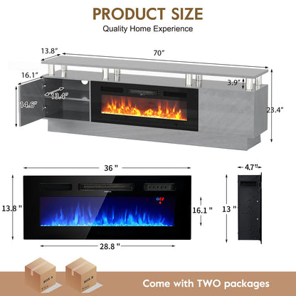 OneBlis 70" TV Stand for Living Room, Entertainment Center with Storage Cabinet, Fits TVs up to 80", Modern Media Console with Shelves, 36" Electric Fireplace (Grey+Black)
