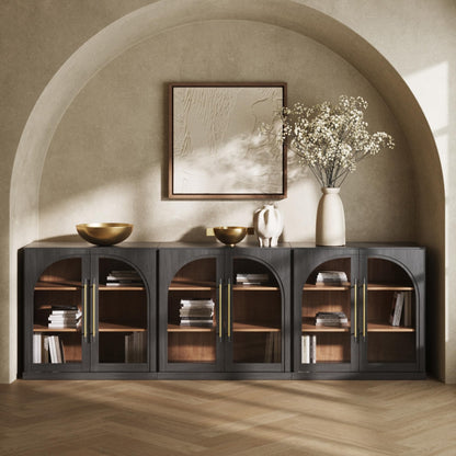 BELLEZE Set of 3 Modular Sideboard with Arched Glass Door, 97'' Accent Display Buffet Cabinet with Storage and Adjustable Shelves,Classic Modern Credenza for Dining Room Living Room Entryway (Ebony)