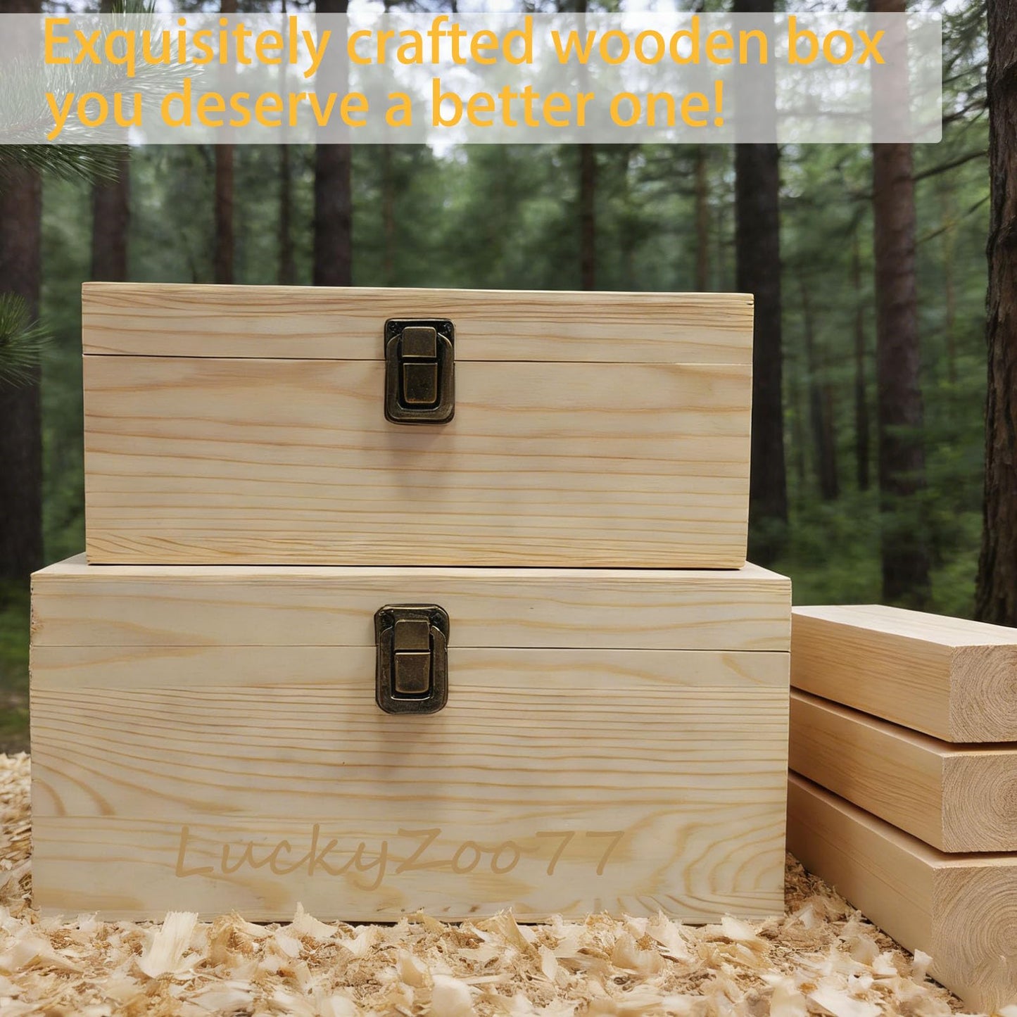 LuckyZoo77 Large Unfinished Wooden Storage Box with Lid & Latch, 2-Pack Pine Wood Craft Boxes with Bonus Small Box for DIY Crafts & Gifts
