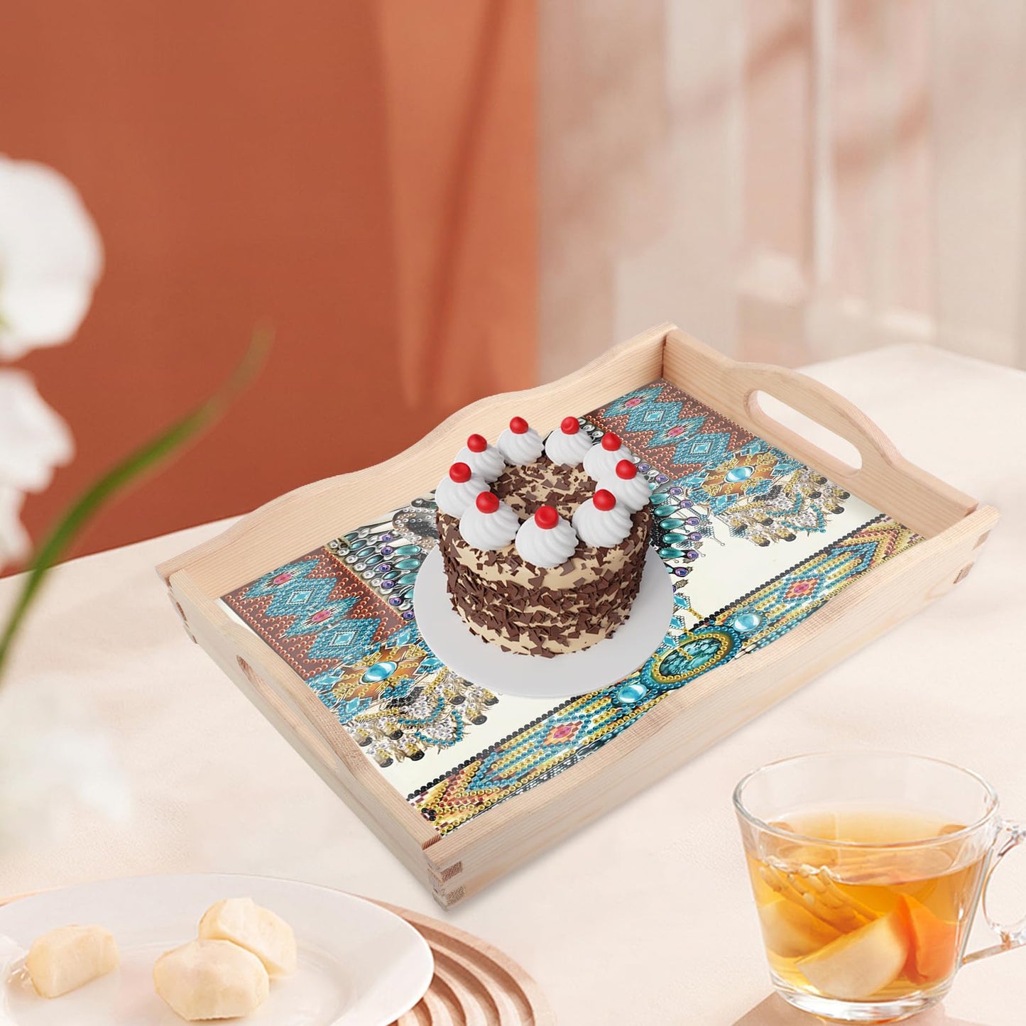 JISHSHAY Diamond Art Serving Tray Diamond Painting Food Tray Gem Art Serving Platter Gem Painting Mosaic Kits for Adults DIY Kits for Adults, with Wood Handle 20×30cm/7.87×11.81in, Wolf