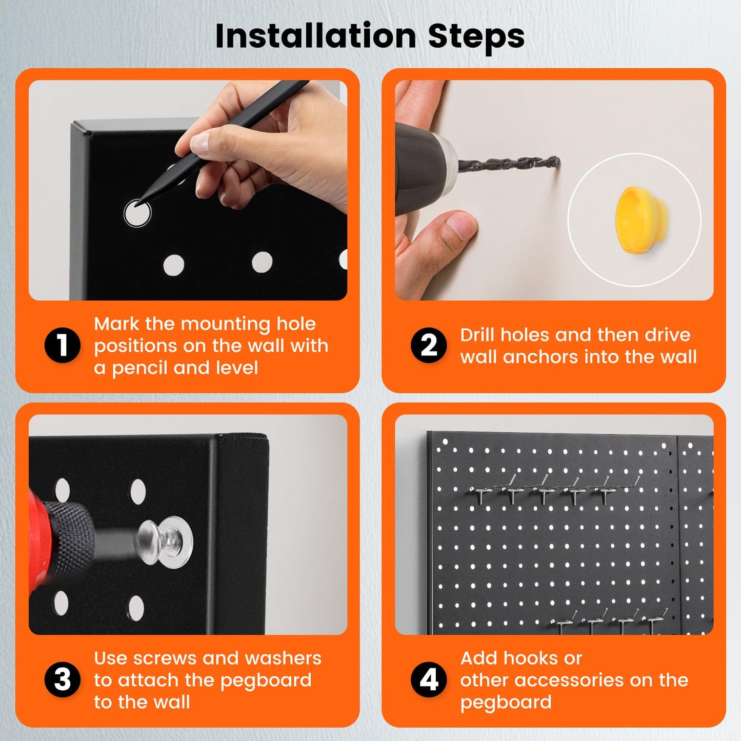 ENJOYWOOD Pegboard, 2 PCS 24"×16" Metal Peg Board Panels Black Modular Wall Organizer Kit with 30 Hooks, Dual-Size Hole Design for Home Tool Storage, Garage Organization, Kitchen, Office, Craft Room
