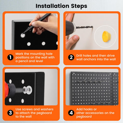 ENJOYWOOD Pegboard, 2 PCS 24"×16" Metal Peg Board Panels Black Modular Wall Organizer Kit with 30 Hooks, Dual-Size Hole Design for Home Tool Storage, Garage Organization, Kitchen, Office, Craft Room